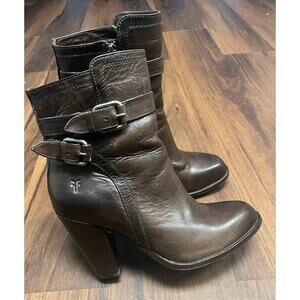 Frye Women 8 Jenny Leather Boots Harness Block Heel Brown Bootie Western 3475389